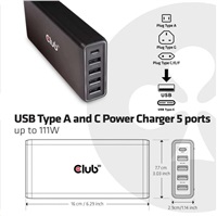 Club3D Nabíječka USB Typ A a C, 5 portů, 111 W