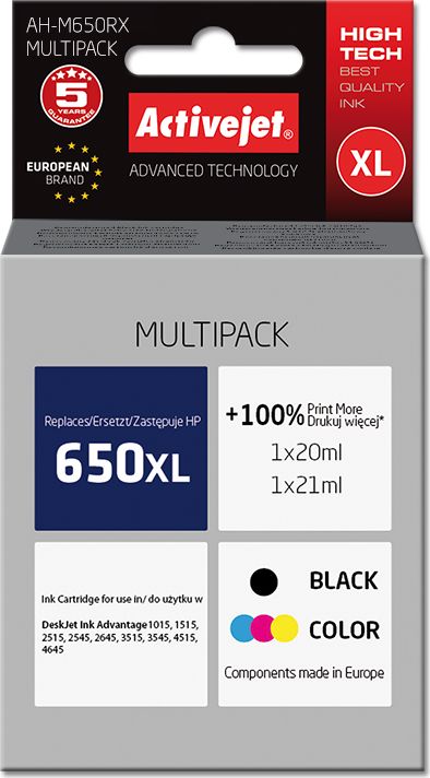 Activejet AH-650RX ink (replacement for HP 650 CZ102AE; Premium; 1 x 20 ml 1 x 21 ml; black color)