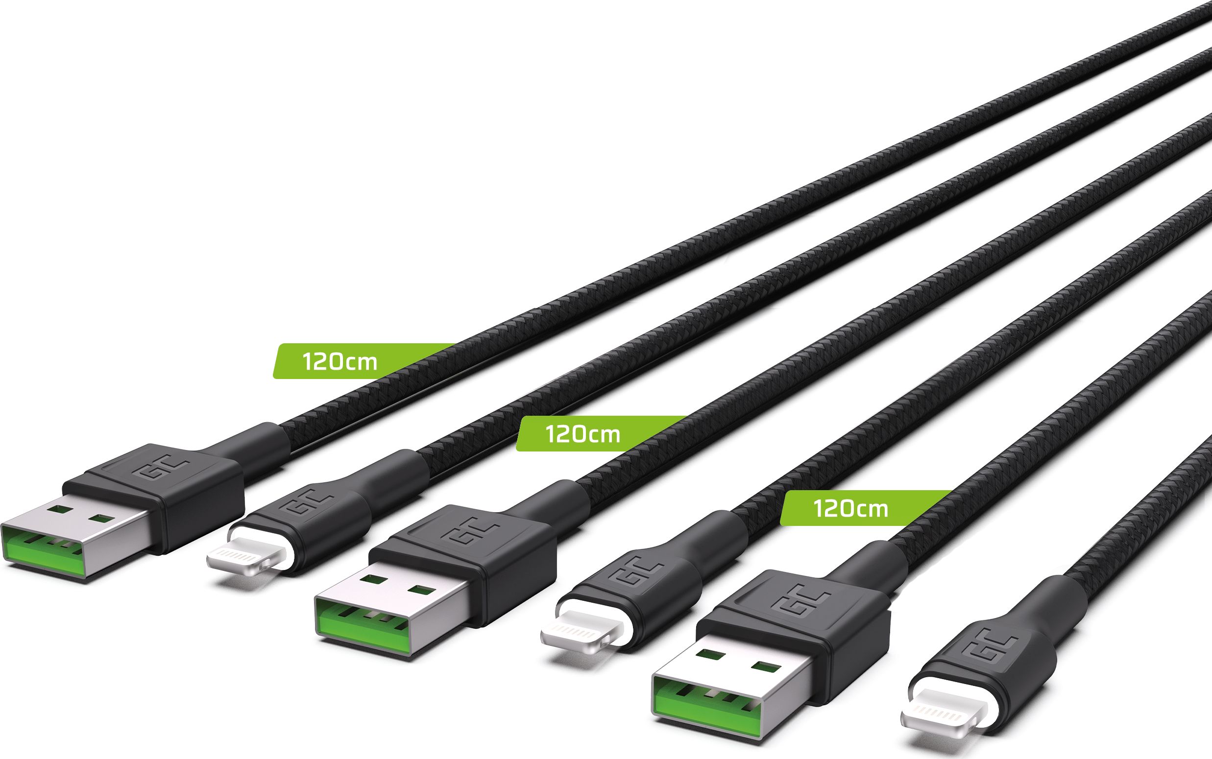 Green Cell USB kábel Sada 3x Green Cell GC Ray USB kábel - Lightning 120cm pre iPhone, iPad, iPod, biela LED, rýchle nabíjanie