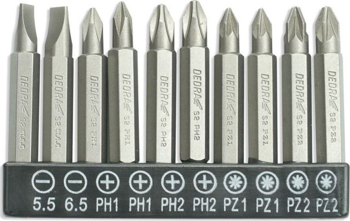 Sada bitů Dedra 10 kusů, 50mm: SL5,5,6,5, PH1/2-2 kusy, PZ1/2-2 kusy (18A07S12)