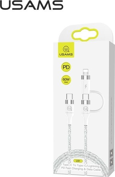 Usams USB-C – USB-C + Lightning kábel 1,2 m biely (63775-uniw)