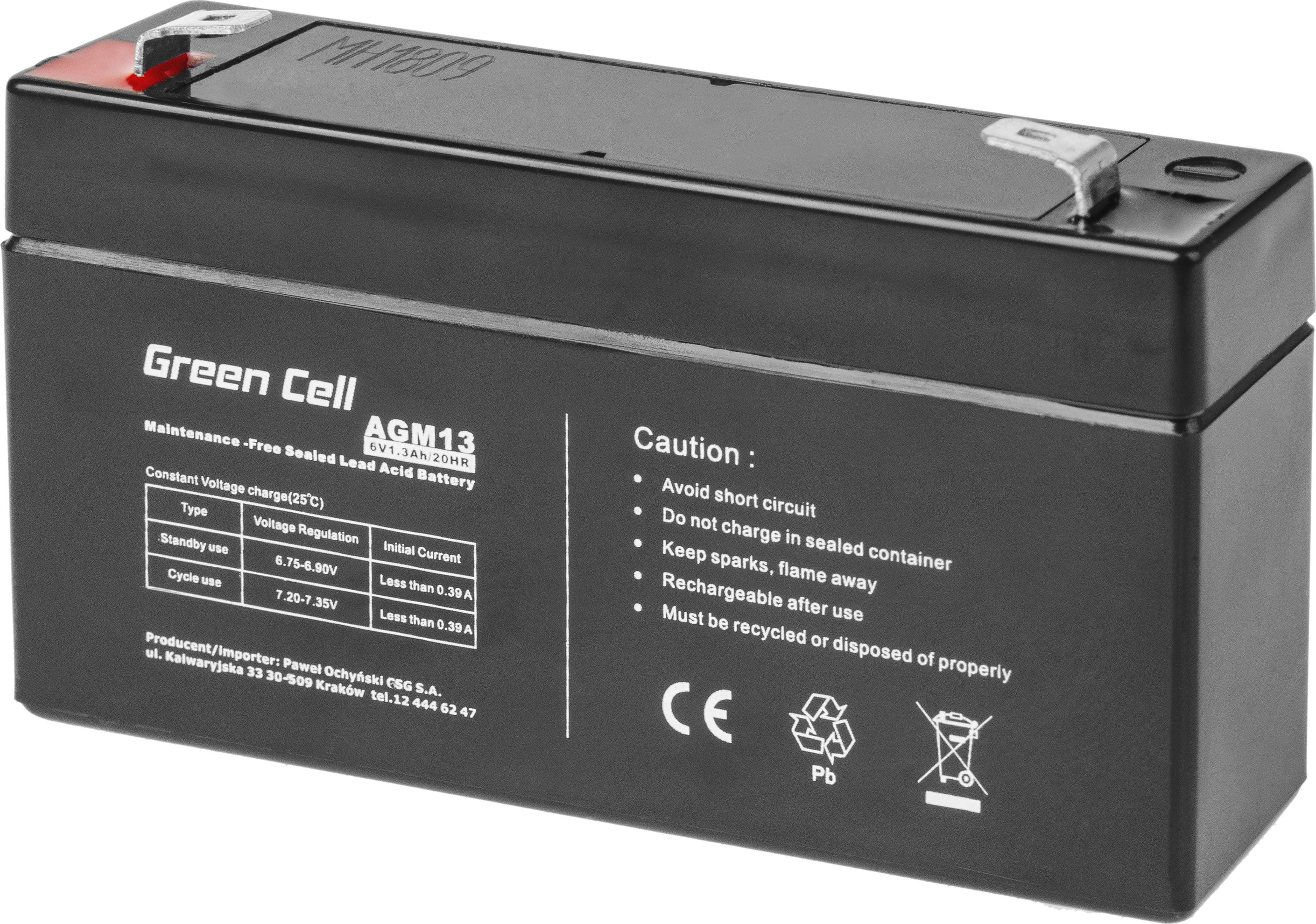 Batéria Green Cell Agm Vrla 6V / 1,3 Ah