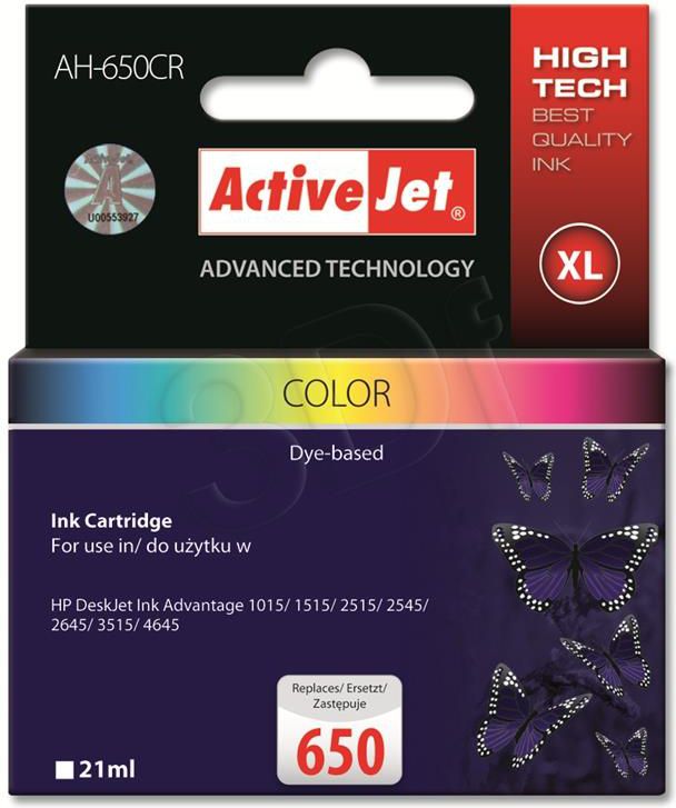 Activejet AH-650CR ink for HP printer; HP 650 CZ102AE replacement; Premium; 21 ml; color