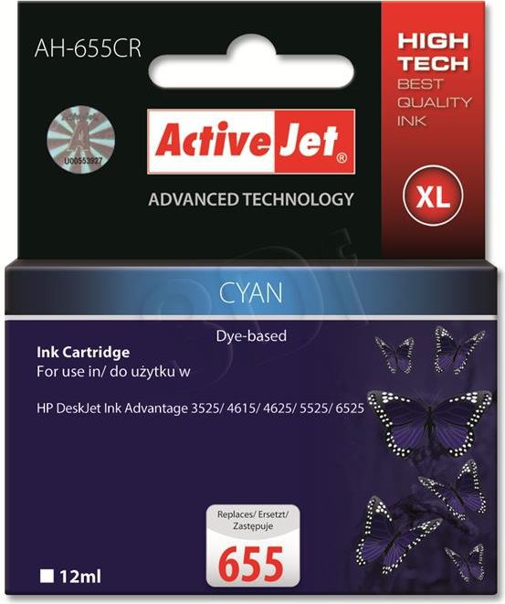 Activejet AH-655CR ink for HP printer; HP 655 CZ110AE replacement; Premium; 12 ml; cyan
