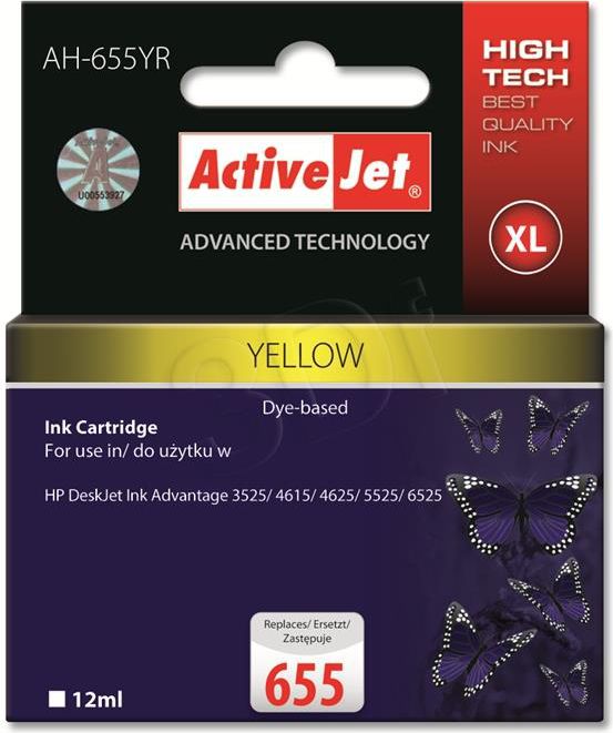 Activejet AH-655YR ink for HP printer; HP 655 CZ112AE replacement; Premium; 12 ml; yellow