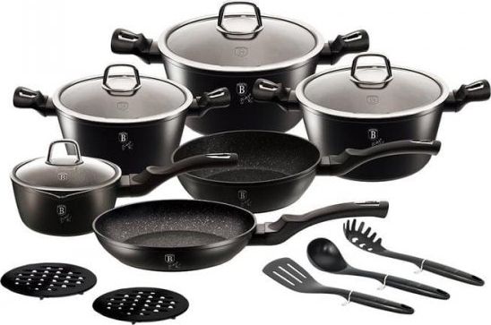 Berlingerhaus Sada hrncov s mramorovým povrchom Metallic Line Black Silver Collection BH-6155 15 dielna