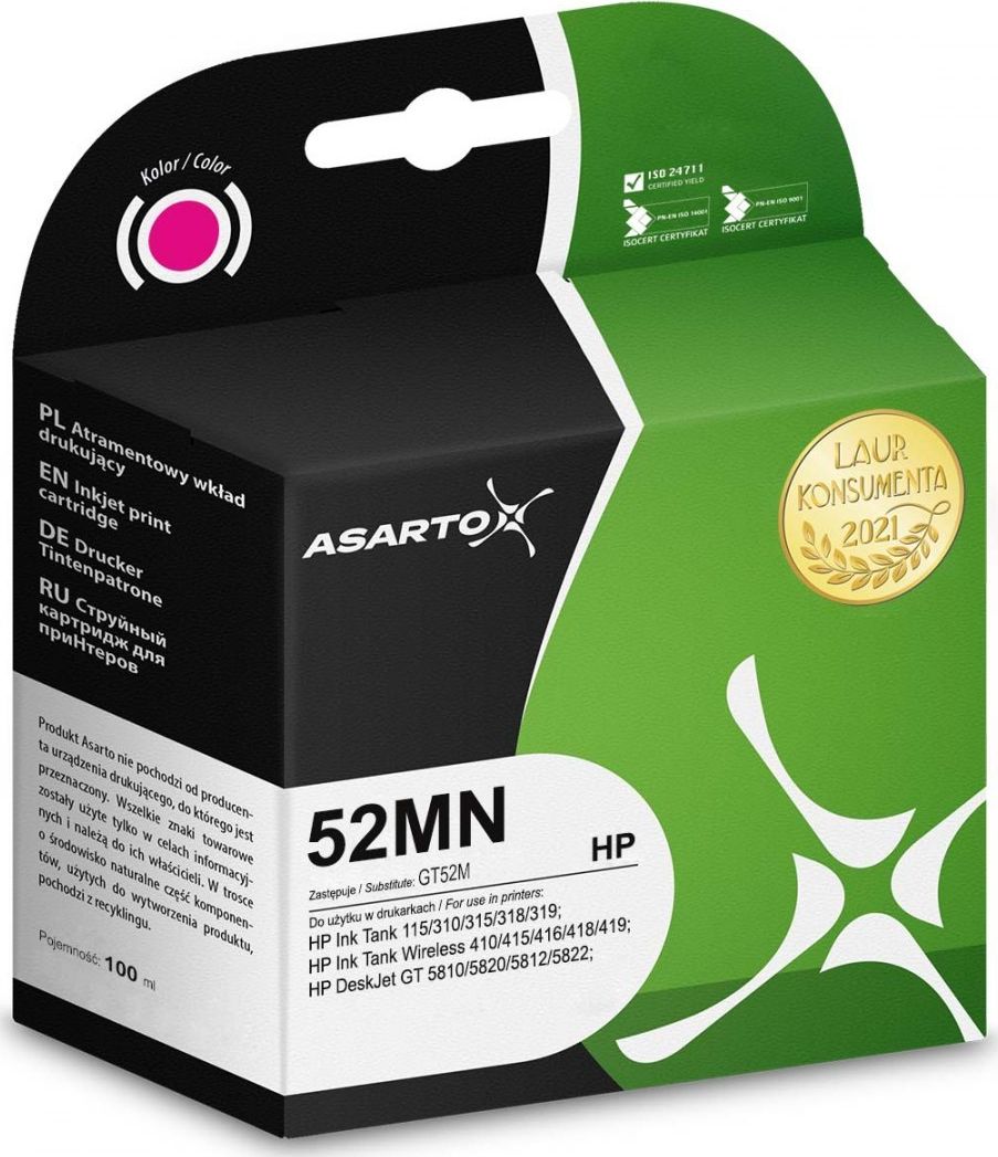 Atrament Asarto Atrament Asarto pre HP 52MN | M0H55AE | 100 ml | purpurová