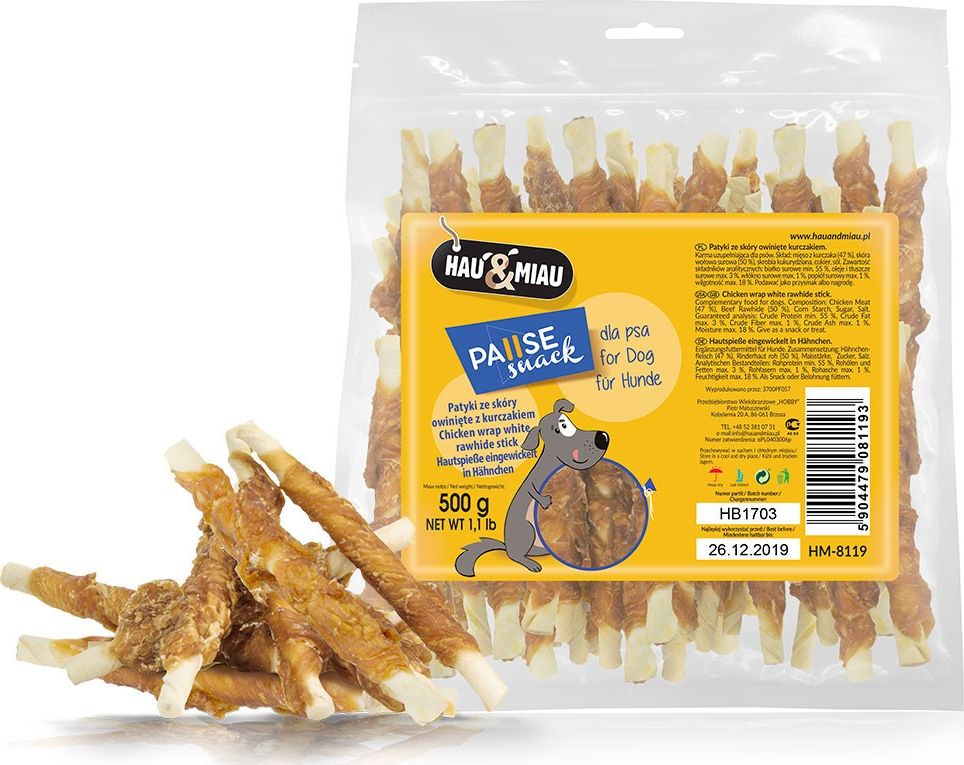 Hau&Miau Kožené tyčinky obalené kuřecím masem Hau&Miau HM-8119 500 g