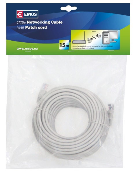 Emos Patch kabel UTP, CAT 5e, AWG26, PVC, šedý, 15m