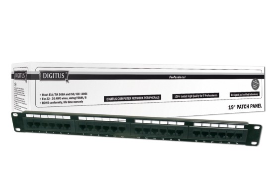 DIGITUS Patch Panel 19inch 24Port Cat5e STP unshielded installation about LSA black RAL9005 without LSA cover