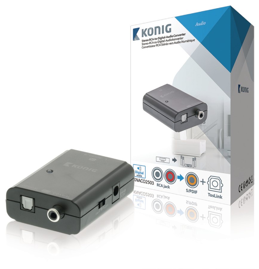 Převodník Digitálního Audia 2x RCA Zásuvka - 1x Toslink Zásuvka + 1x SPDIF (RCA)