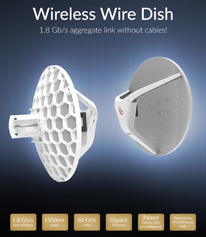 MikroTik Wireless Wire Dish (LHGG-60ad), 1Gbps full-duplex, 802.11ad, 60GHz, již spárováno=bez nutnosti konfigurace