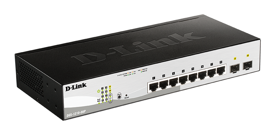 D-Link DGS-1210-08P D-Link DGS-1210-08P 10-port Gigabit Smart PoE Switch, 8x GbE PoE+, 2x SFP, PoE 65W, fanless