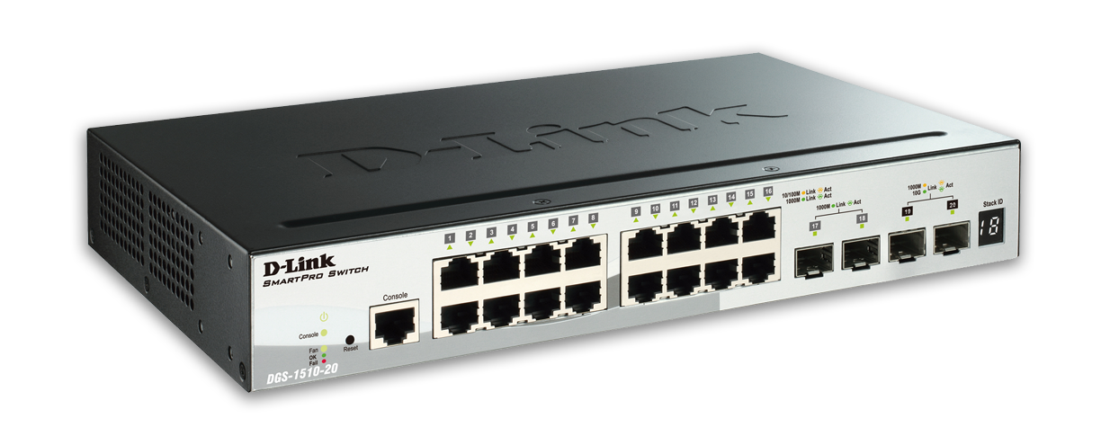 D-Link DGS-1510-20 D-Link DGS-1510-20 20-Port Gigabit Stackable SmartPro Switch including 2 SFP ports and 2 x 10G SFP+ ports- 16 x 10/10