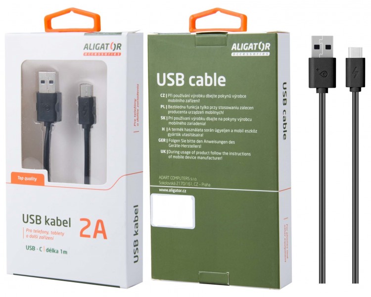 Aligator datový a nabíjecí kabel USB-C s prodlouženým konektorem 9 mm, 2A, délka 1 m, černá