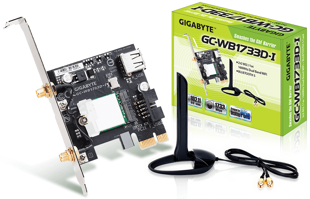 GIGABYTE GC-WB1733D-I, WiFi 802.11ac, Bluetooth 5, PCIe, Dual Band, 1734 Mbps