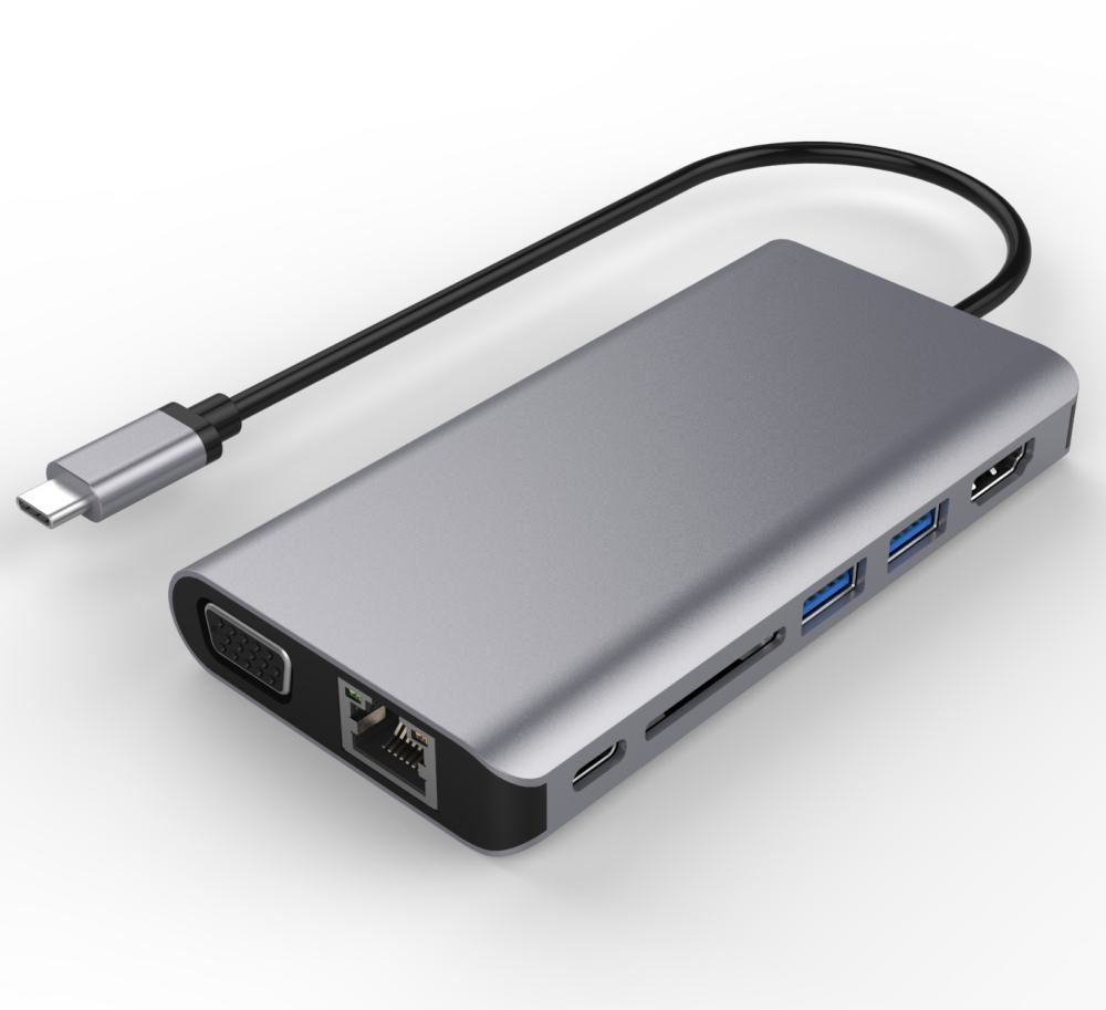 PremiumCord ku31dock08 PremiumCord Převodník USB-C na HDMI+VGA+RJ45+2xUSB3.0+SD card +3,5mm+PD charge