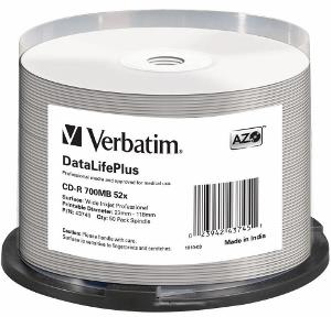 VERBATIM CD-R(50-pack) spindl, AZO 52X,700MB,WHITE WIDE PRINTABLE SURFACE NON-ID