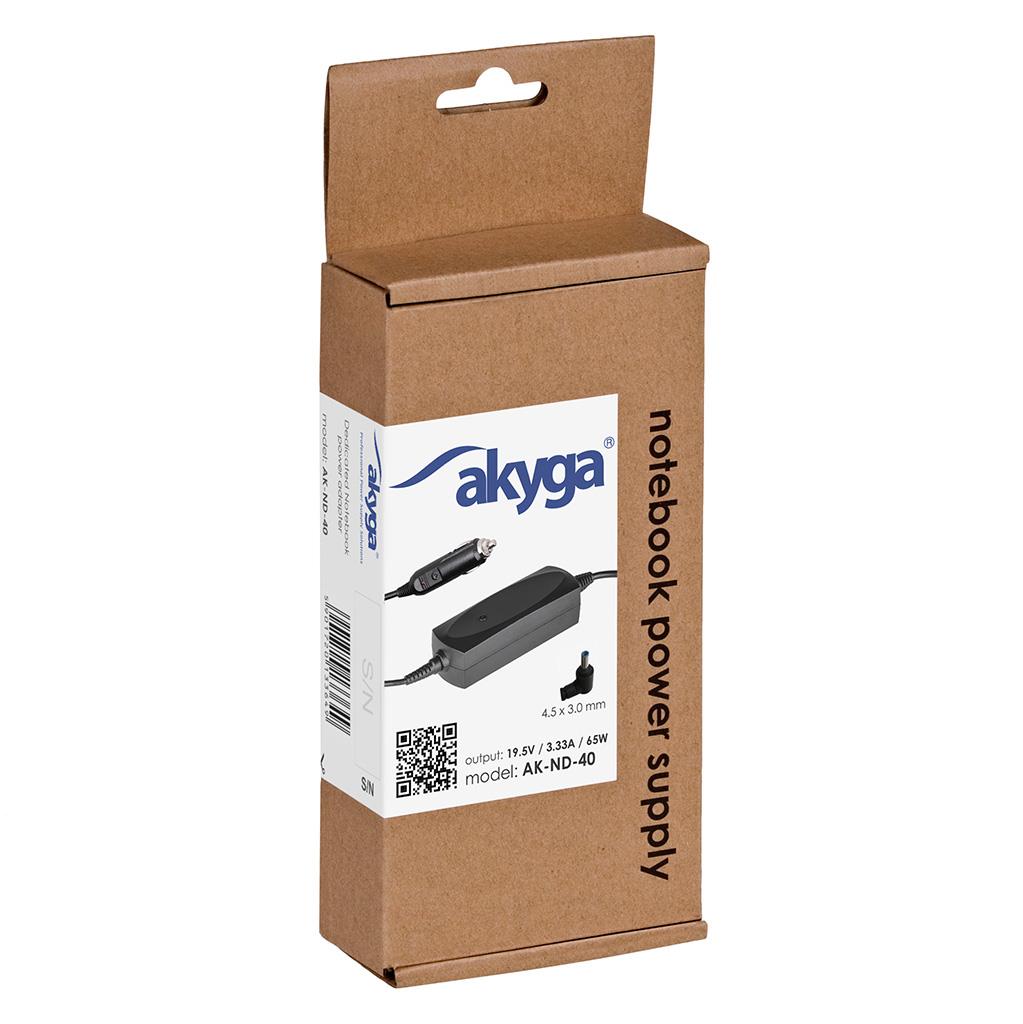 Akyga Auto Nabíjecka na notebook 19.5V/3.33A 65W 4.5 x 3.0 mm + pin pro HP/Compaq