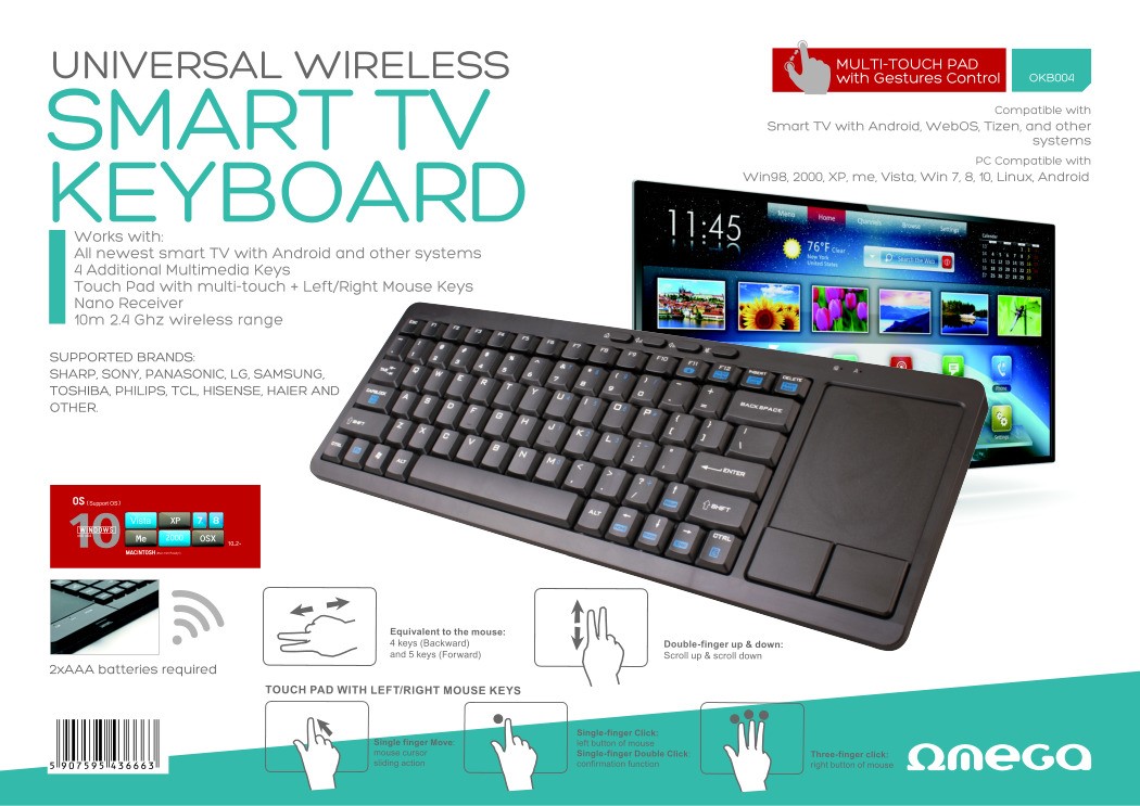 Omega OKB004BCZ OMEGA bezdrátová CZ klávesnice s touch padem pro smart TV, černá