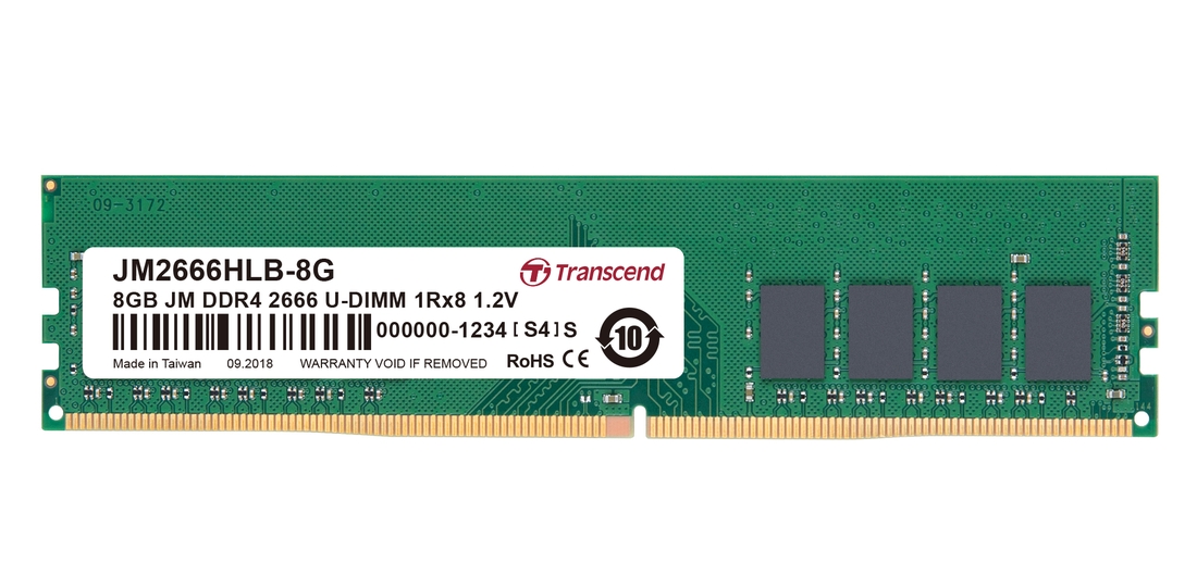 Transcend DDR4 8GB 2666MHz CL19 JM2666HLB-8G DIMM DDR4 8GB 2666MHz TRANSCEND 1Rx8 1Gx8 CL19 1.2V