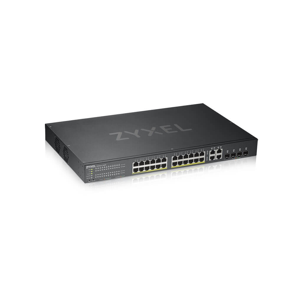 ZyXEL GS1920-24HP Zyxel GS1920-24HPv2 28-port Gigabit WebManaged PoE Switch, 24x gigabit RJ45, 4x gigabit RJ45/SFP, 802.3at, 375W pro PoE