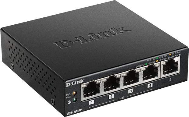 D-LINK DGS-1005P D-Link DGS-1005P 5-port Gigabit Desktop PoE+ Switch, 4 porty jsou PoE+, PoE budget 60W
