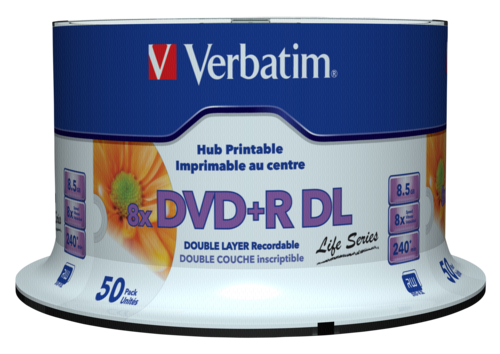 Verbatim DVD+R DL 8,5GB 8x, 50ks (97693) VERBATIM DVD+R DL AZO 8,5GB/ 8x/ printable/ inverse stack/ 50pack/ spindle