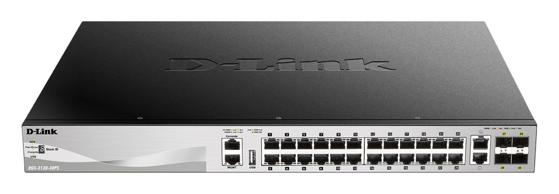 D-Link DGS-3130-30PS D-Link DGS-3130-30PS L3 Stackable Managed PoE switch, 24x GbE PoE+, 2x 10G RJ-45, 4x 10G SFP+, PoE 370W