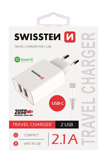 Swissten Síťový Adaptér Smart Ic 2X Usb 2,1A Power + Datový Kabel Usb / Type C 1,2 M Bílý
