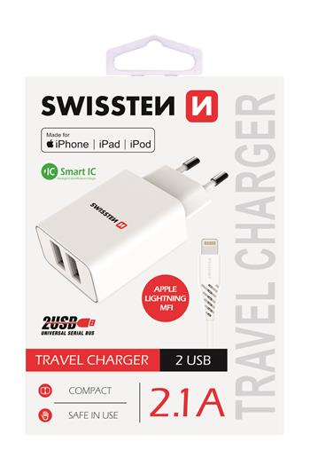 Swissten Síťový Adaptér Smart Ic 2X Usb 2,1A Power + Datový Kabel Usb / Lightning Mfi 1,2 M Bílý
