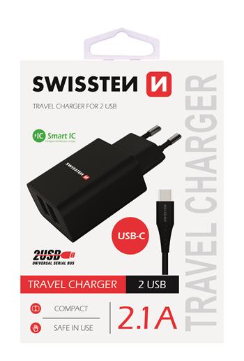 Swissten Síťový Adaptér Smart Ic 2X Usb 2,1A Power + Datový Kabel Usb / Type C 1,2 M Černý