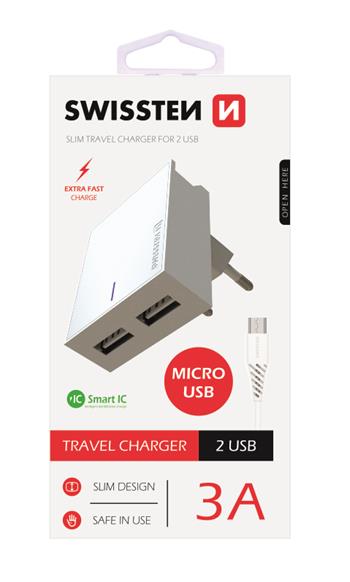 Swissten Síťový Adaptér Smart Ic 2X Usb 3A Power + Datový Kabel Usb / Micro Usb 1,2 M Bílý