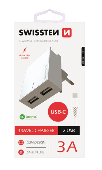 Swissten Síťový Adaptér Smart Ic 2X Usb 3A Power + Datový Kabel Usb / Type C 1,2 M Bílý