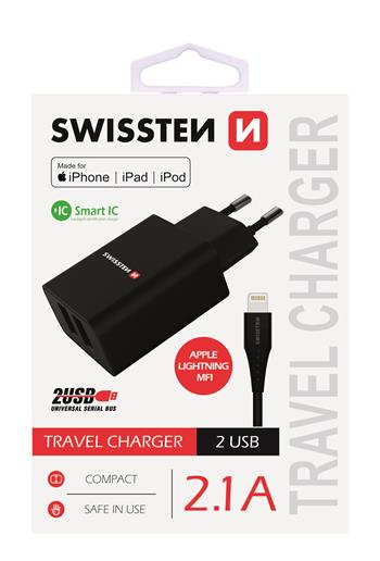 Swissten Síťový Adaptér Smart Ic 2X Usb 2,1A Power + Datový Kabel Usb / Lightning Mfi 1,2 M Černý