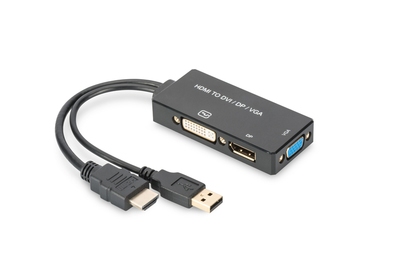 ASSMANN HDMI converter cable HDMI - DP+DVI+VGA M-F/F/F 0 2m 3 in 1 Multi-Media cable CE bl gold