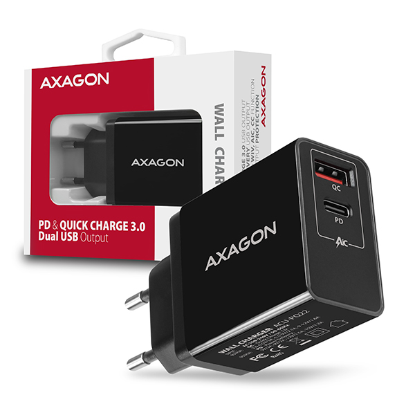 AXAGON ACU-PQ22, PD a QUICK nabíječka do sítě, 2x port QC3.0/AFC/FCP + PD type-C, 22W