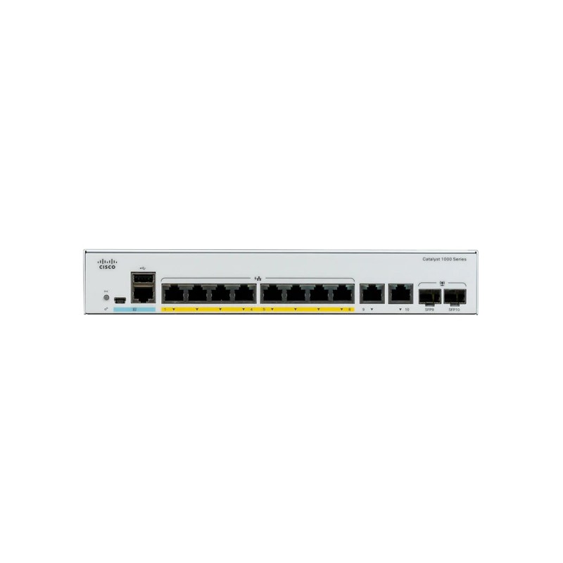 Cisco C1000-8T-E-2G-L Catalyst C1000-8T-E-2G-L, 8x 10/100/1000 Ethernet ports, 2x 1G SFP and RJ-45, with external PS