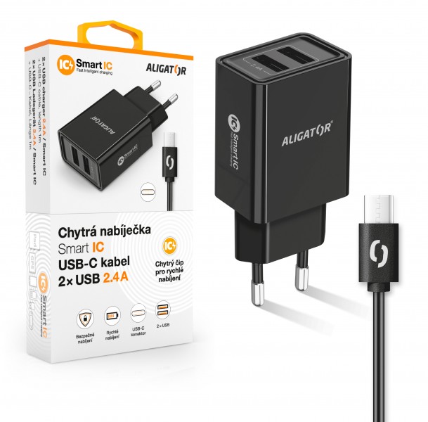 Aligator síťová nabíječka, 2x USB, kabel USB-C 2A, smart IC, 2,4 A, černá