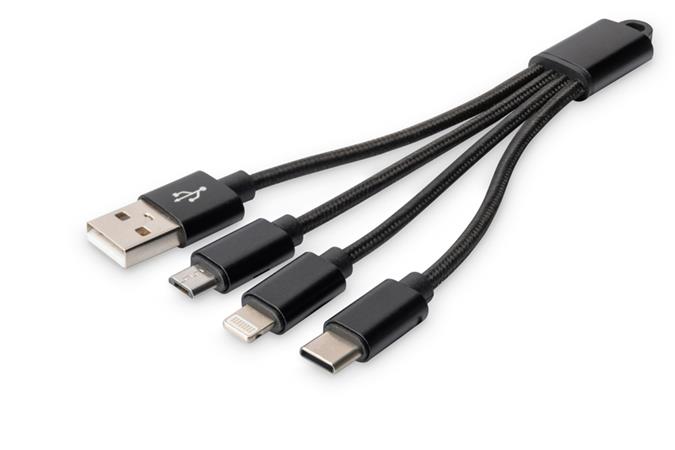 DIGITUS Nabíjecí kabel USB 3 v 1 - USB A - Lightning + micro B + typ C M/ M/M/M 0,15 m, bavlna, CE, zlatá, bl