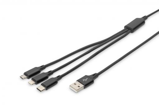 Digitus AK-300160-010-S USB nabíjecí , 3 v 1 , USB A - Lightning+micro B+Type-C, 1m USB nabíjecí kabel, 3 v 1 , USB A - Lightning+micro B+Type-C 1m, kabel, bavlna, CE, bl