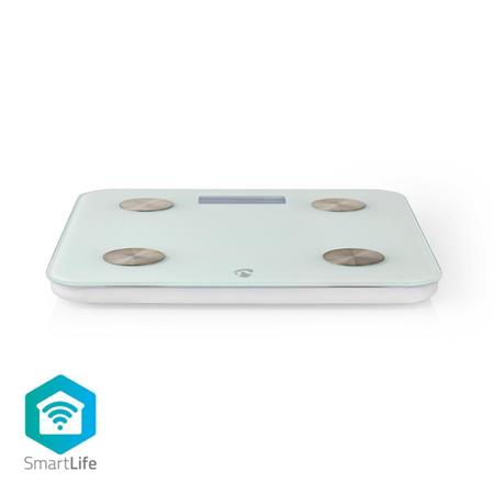 NEDIS Wi-Fi chytrá osobní váha/ BMI, tuk, voda, kosti, svaly, bílkoviny/ tvrzené sklo/ 8 uživatelů/ 3x AAA/R03/ bílá