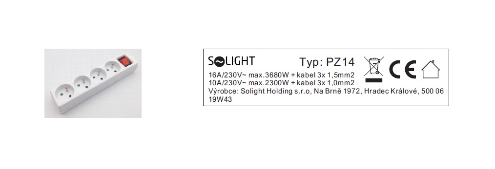 Solight PZ14 Solight vícenásobná zásuvka, 4 zásuvky, vypínač - PZ14