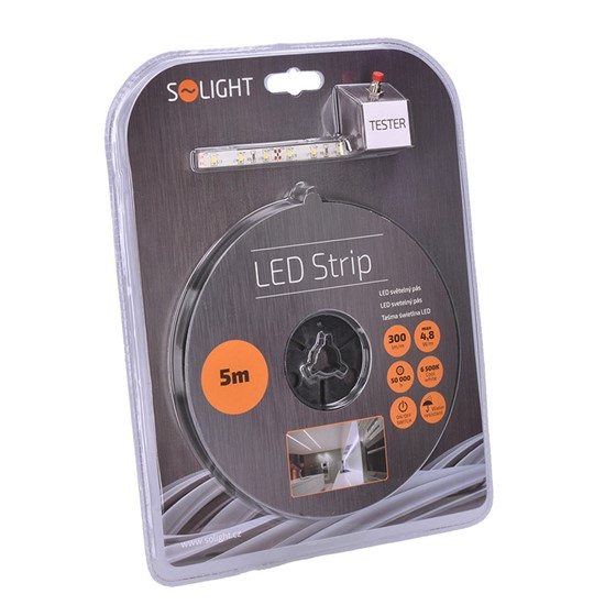 Solight LED světelný pás s testrem, 5m, sada s 12V adaptérem, 4,8W/m, IP65, studená bílá - WM50-65T