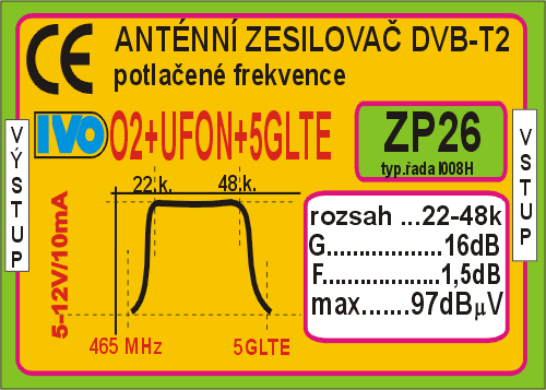 IVO zesilovač DVB-T2 16dB s potlačením 5G LTE+O2+UFON IZP26-X