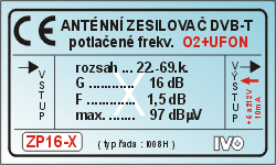 IVO zesilovač DVB-T2 16dB s potlačením O2+UFON IZP16-X