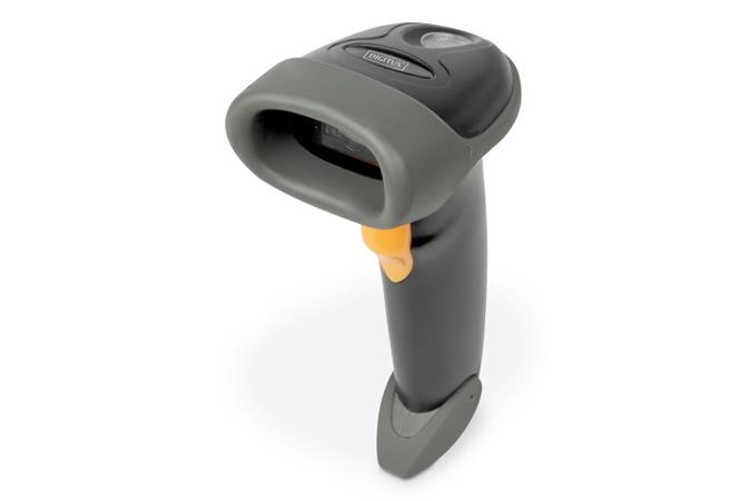 DIGITUS Ruční skener čárových kódů 2D, napájený z baterie, kompatibilní s Bluetooth a QR kódem, 200 skenů / s, s držákem