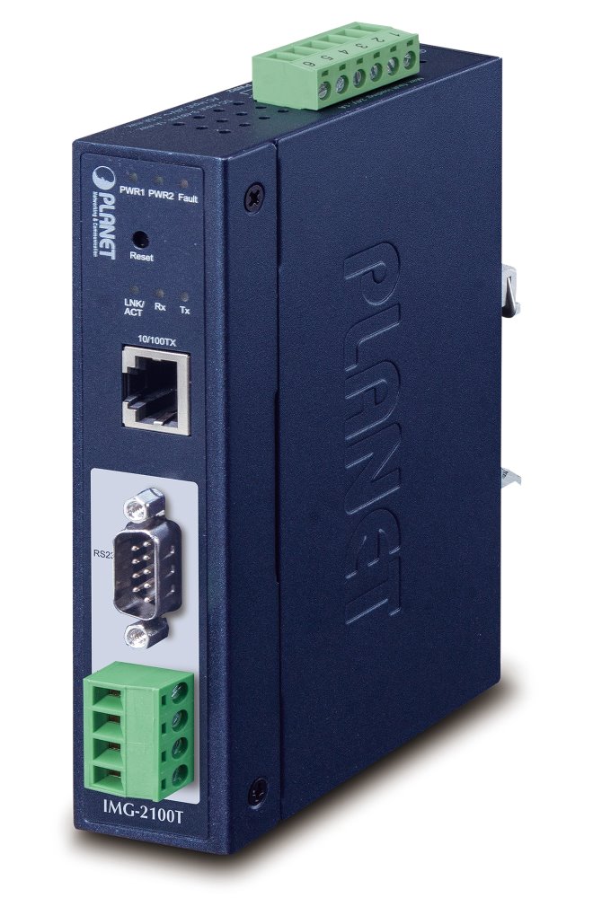 Planet MODBUS průmyslová brána RS-232/422/485 na IP, 1x COM, 100Base-TX, RTU/ACSII, -40až+75°C, 9-48VDC, IP30