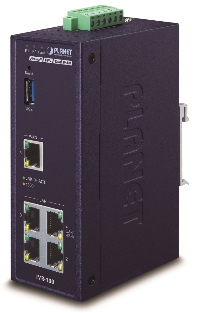 PLANET IVR-100 Router/firewall VPN/VLAN/QoS, 2xWAN(SD-WAN), 3xLAN, IP30, -40 až +75°C, 9-48VDC