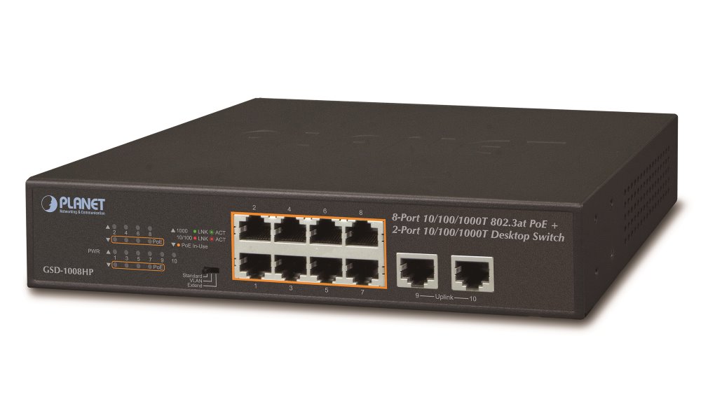 Planet GSD-1008HP, PoE switch 8x PoE 802.3at 120W+ 2x 1000Base-T, VLAN, extend mód 10Mb/s do 250m